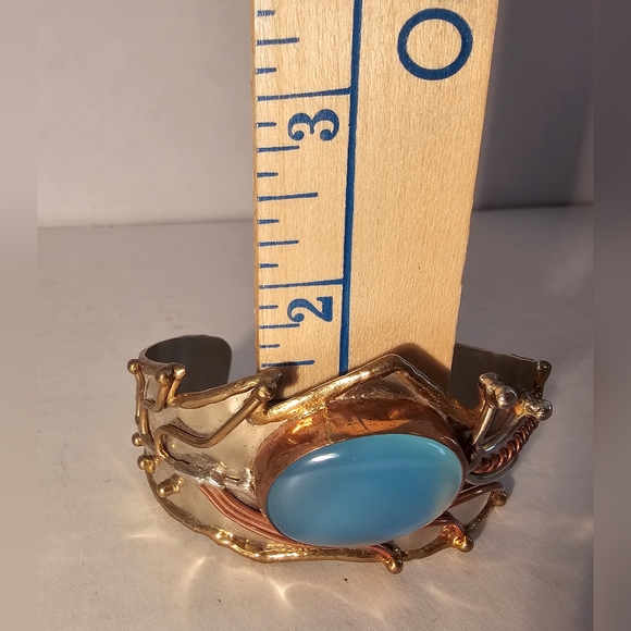 RARE Vintage Chalcedony Gemstone  Handmade Artisian Cuff Bracelet Hand-Hammered - Picture 9 of 9